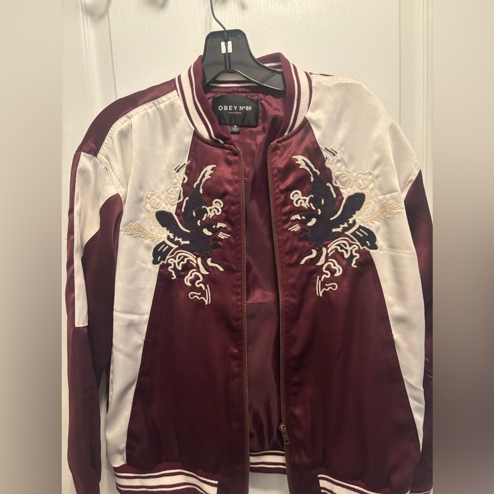 OBEY Propaganda Women’s Red Satin Embroidered Bomber Jacket sz M